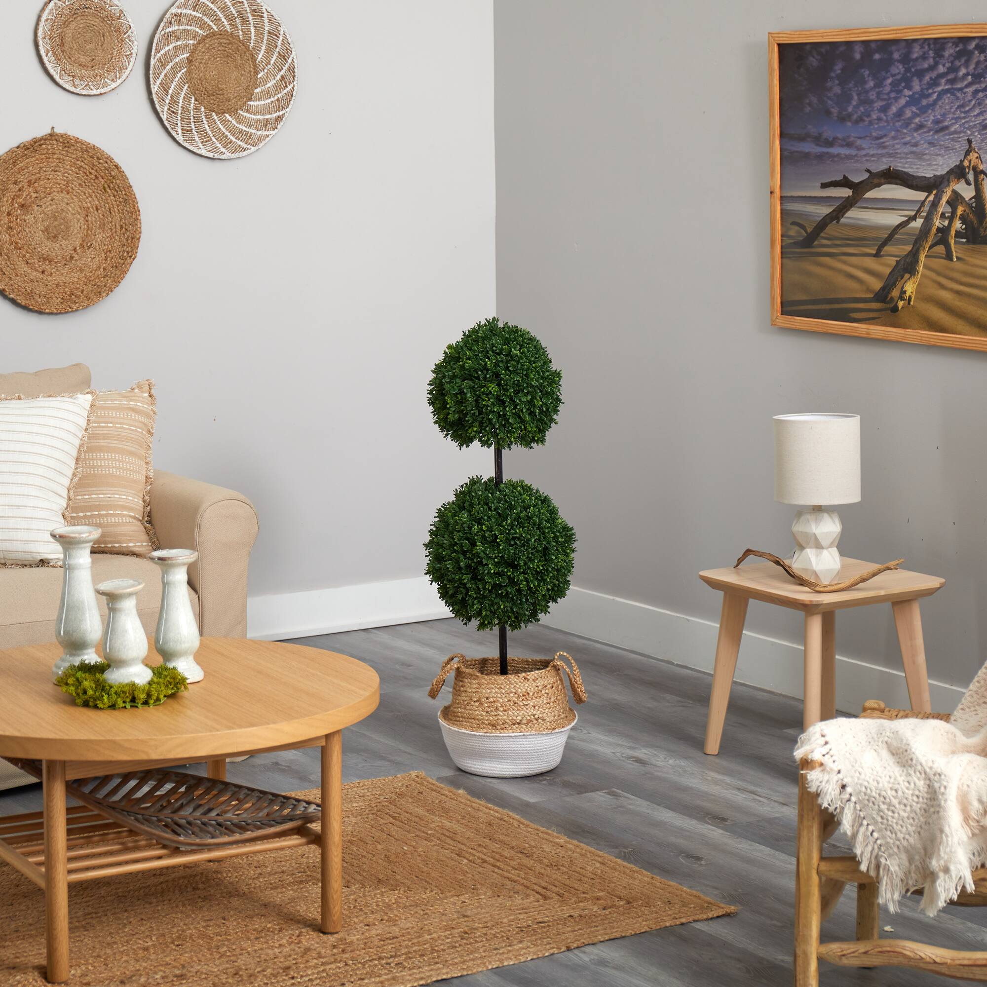 3.5ft. Boxwood Double Ball Artificial Topiary Tree in Boho Chic Handmade Cotton & Jute White Woven Planter UV Resistant (Indoor/Outdoor)